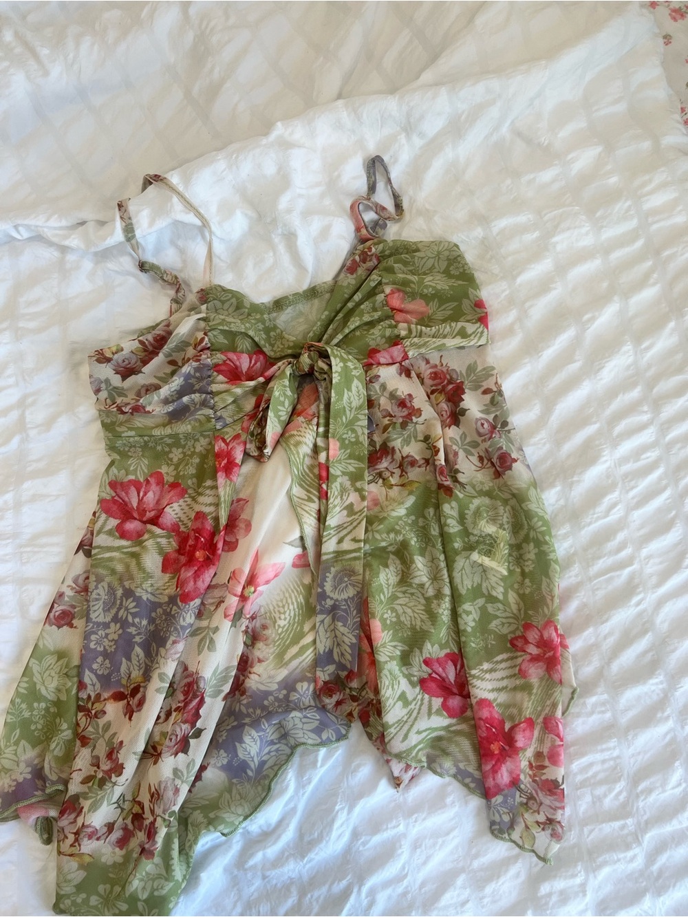 Floral Handkerchief Hem Cami Top in Green and Pink
